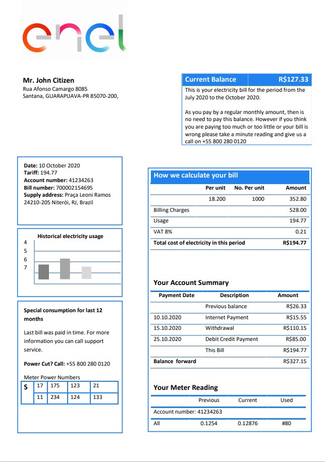 Brazil ENEL electricity utility bill template in Word and PDF format